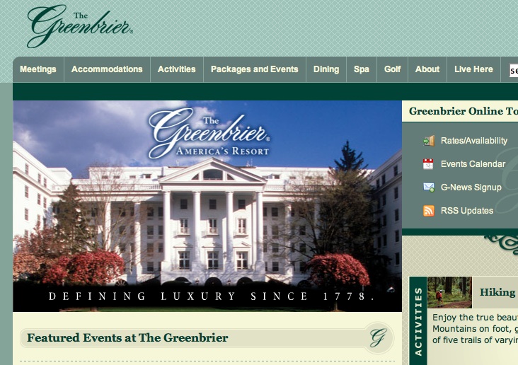 Greenbrier Hotel website screenshot